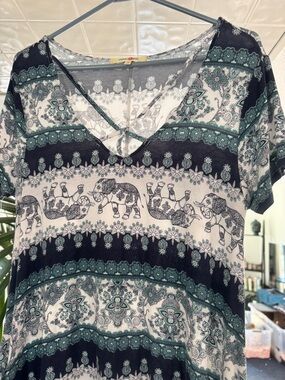 Wishful Park Boho Elephant Print Mini Dress - Mandala Criss-Cross Neck - L